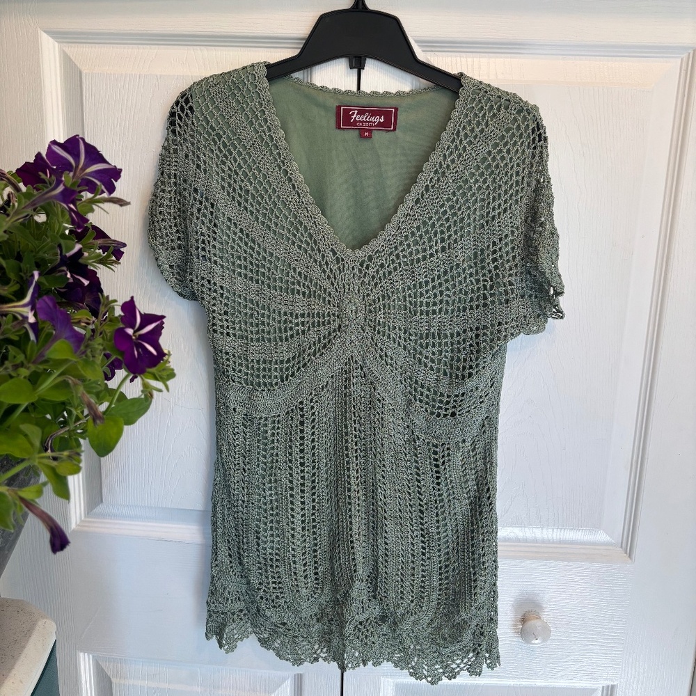 Women’s Woven Feeling’s Top - Green, Short Sleeves, Size Medium